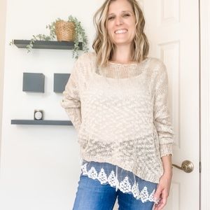 Tan Long Sleeve Altar’d State Sweater w/ Lace Hem